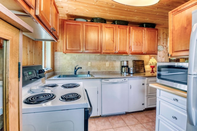 20473 Leisure Dr, Pelican Rapids, MN 56572 - kitchen with white appliances, a sink, wooden ceiling, light tile patterned floors, and tasteful backsplash