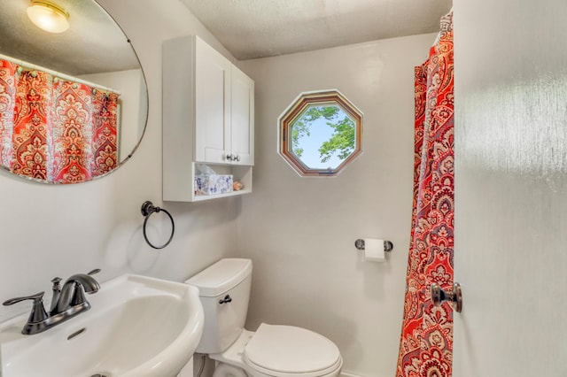 20473 Leisure Dr, Pelican Rapids, MN 56572 - bathroom featuring a sink, toilet, a shower with shower curtain, baseboards, and a textured ceiling