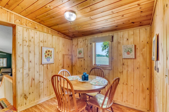 20473 Leisure Dr, Pelican Rapids, MN 56572 - dining area featuring wood ceiling, light wood-type flooring, wooden walls, and baseboards