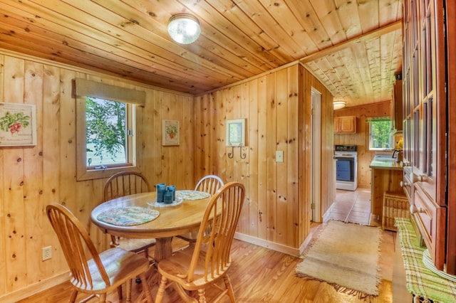 20473 Leisure Dr, Pelican Rapids, MN 56572 - dining room featuring wooden ceiling, light wood-type flooring, wooden walls, and baseboards
