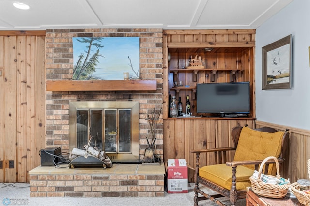 2020 5th St S, Moorhead, MN 56560 - living area with a fireplace, wood walls, and carpet
