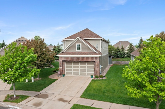 12266 Midway Cir NE, Blaine, MN 55449 - view of front facade featuring brick siding, an attached garage, a front lawn, driveway, and roof with shingles