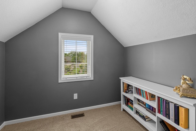12266 Midway Cir NE, Blaine, MN 55449 - playroom with carpet, lofted ceiling, baseboards, and a textured ceiling