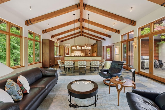 20545 Linden Rd, Deephaven, MN 55331 - living room featuring beamed ceiling and high vaulted ceiling