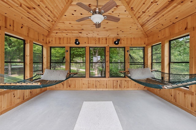 20545 Linden Rd, Deephaven, MN 55331 - unfurnished sunroom featuring wooden walls, lofted ceiling, ceiling fan, and wood ceiling