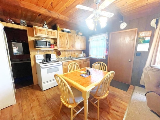 25186 US-71 # 18, Park Rapids, MN 56470 - kitchen featuring white appliances, light wood-type flooring, wooden ceiling, a ceiling fan, and light countertops