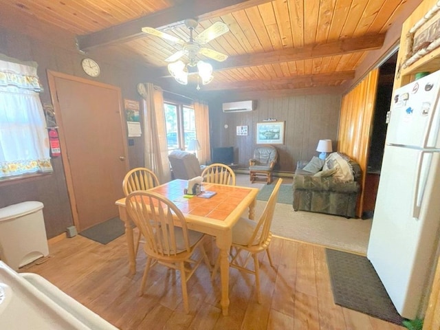 25186 US-71 # 18, Park Rapids, MN 56470 - dining space featuring a wall mounted air conditioner, wood ceiling, light wood-style flooring, a ceiling fan, and beamed ceiling