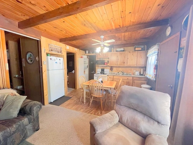 25186 US-71 # 18, Park Rapids, MN 56470 - living area featuring wood ceiling, beam ceiling, ceiling fan, and light colored carpet