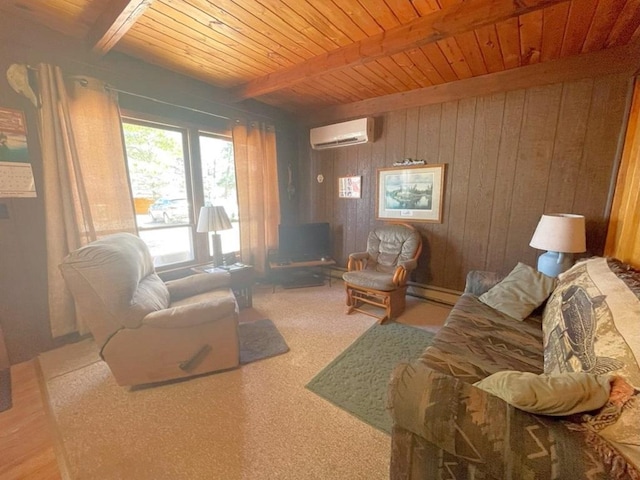 25186 US-71 # 18, Park Rapids, MN 56470 - living room with a wall unit AC, beam ceiling, wooden walls, a wood stove, and wooden ceiling