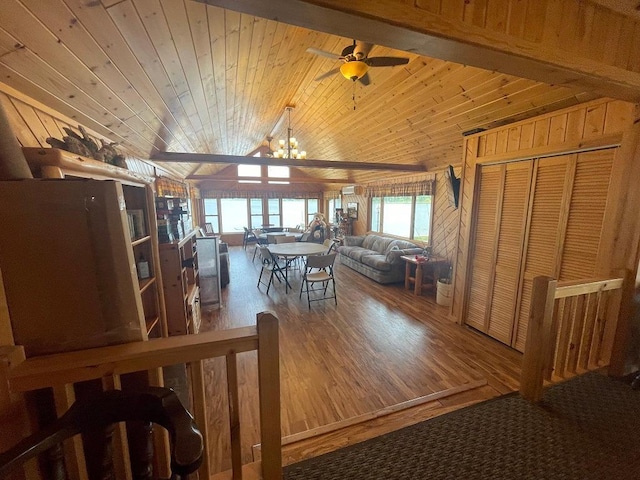 25186 US-71 # 18, Park Rapids, MN 56470 - dining room featuring wood finished floors, vaulted ceiling, ceiling fan, wood ceiling, and a chandelier