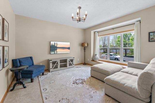 2737 Faulkner Dr, Chaska, MN 55318 - carpeted living area featuring a chandelier, baseboards, and a textured ceiling