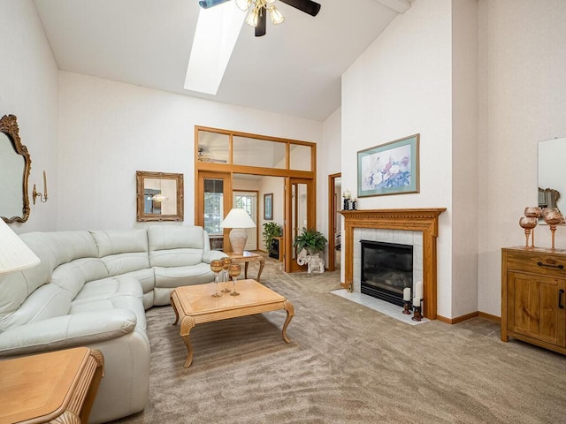 9349 Kimberly Ln N, Maple Grove, MN 55311 - living area featuring a ceiling fan, carpet flooring, high vaulted ceiling, a fireplace, and a skylight