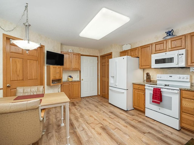 9349 Kimberly Ln N, Maple Grove, MN 55311 - kitchen featuring white appliances, light wood-style flooring, and pendant lighting