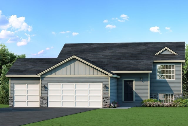 7463 147th Ln NW, Ramsey, MN 55303 - view of front of home with stone siding, an attached garage, a front lawn, and asphalt driveway