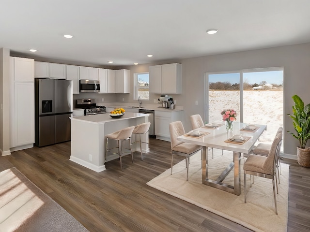 7463 147th Ln NW, Ramsey, MN 55303 - kitchen featuring stainless steel appliances, a sink, a center island, white cabinetry, and light countertops