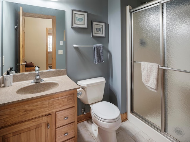 bathroom featuring a stall shower, tile patterned flooring, toilet, and vanity