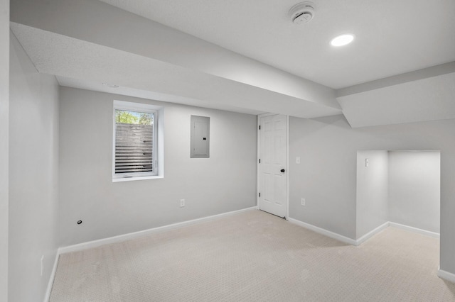 3213 63rd Ave N, Brooklyn Center, MN 55429 - basement with electric panel, baseboards, and light carpet