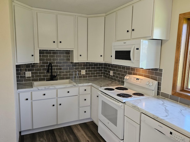 2729 King Ave, Slayton, MN 56172 - kitchen with white appliances, a sink, white cabinets, dark wood finished floors, and decorative backsplash