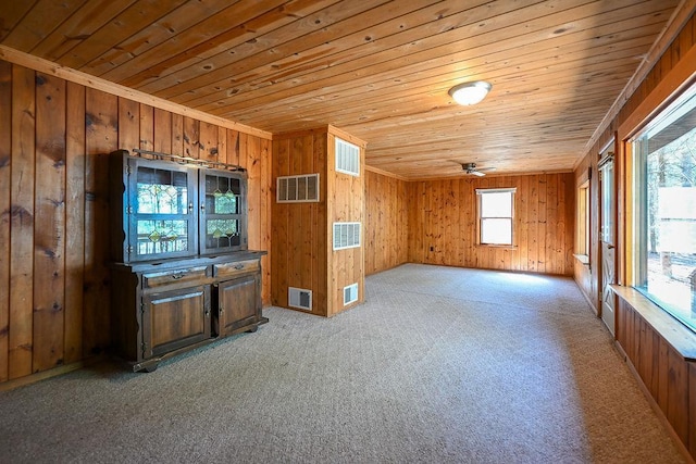 1196 Blackburn Rd, Scott Twp, WI 54801 - unfurnished living room with carpet flooring, wood ceiling, wood walls, and a ceiling fan