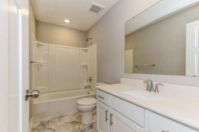full bathroom with toilet, vanity, tub / shower combination, and recessed lighting