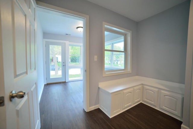 entryway with dark wood-type flooring and baseboards