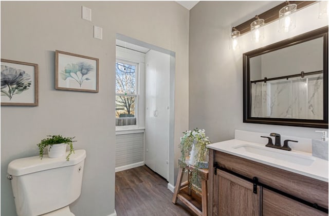 bathroom with baseboards, wood finished floors, toilet, and vanity