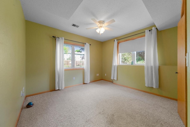 spare room featuring plenty of natural light, a ceiling fan, carpet, baseboards, and a textured ceiling