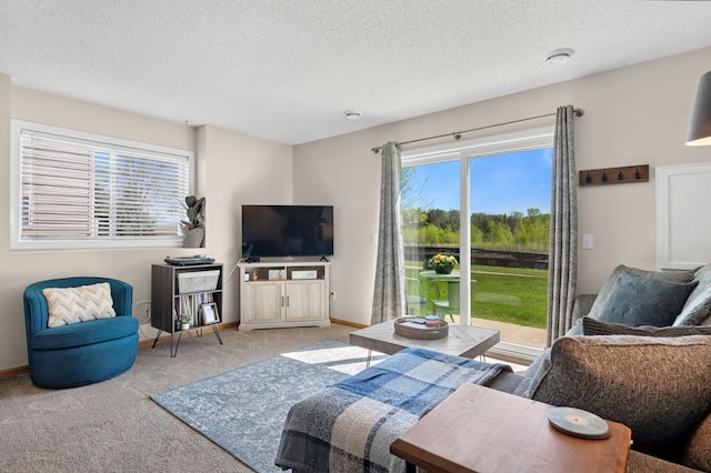 carpeted living area with a textured ceiling and baseboards