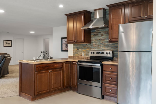 855 Elins Lake Rd SE, Cambridge, MN 55008 - kitchen with appliances with stainless steel finishes, wall chimney exhaust hood, a sink, open floor plan, and decorative backsplash