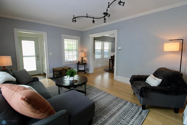 living room with ornamental molding, light wood finished floors, and baseboards