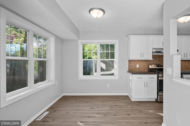 230 8th St NW, Elk River, MN 55330 - kitchen with stainless steel gas range oven, under cabinet range hood, white cabinetry, healthy amount of natural light, and a textured ceiling