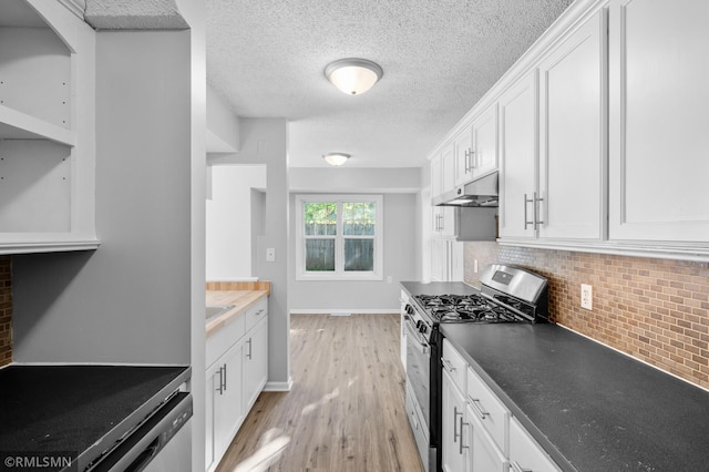 230 8th St NW, Elk River, MN 55330 - kitchen featuring gas stove, under cabinet range hood, backsplash, white cabinets, and a textured ceiling