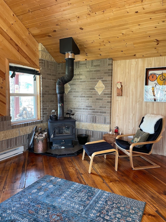 sitting room featuring a baseboard radiator, wood-type flooring, a wood stove, wooden walls, and wood ceiling