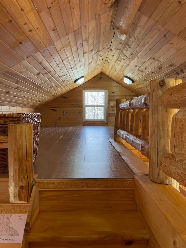 additional living space featuring wooden ceiling, lofted ceiling, hardwood / wood-style flooring, and wooden walls
