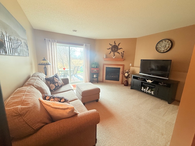 5173 Farnham Dr N, Hugo, MN 55038 - living room with light carpet, a textured ceiling, and a fireplace