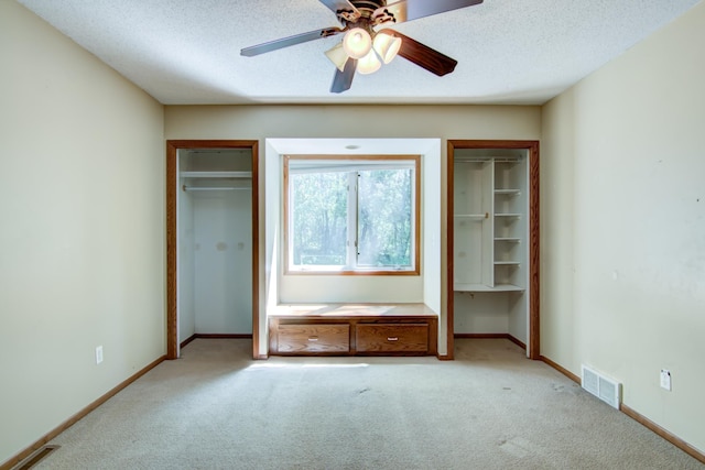 1286 Krattley Ln, North Hudson, WI 54016 - unfurnished bedroom featuring multiple closets, carpet flooring, baseboards, a textured ceiling, and ceiling fan