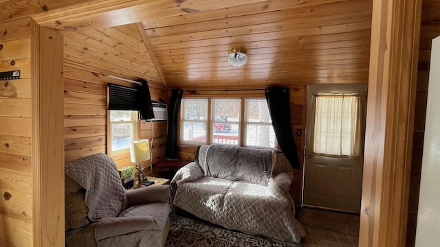 living area with vaulted ceiling, wood ceiling, and wooden walls