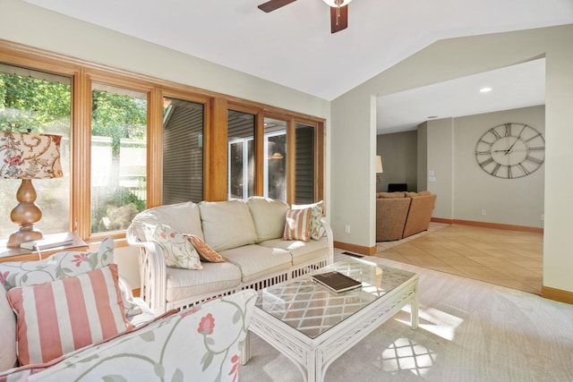 11600 43rd Ave N, Plymouth, MN 55442 - living area with vaulted ceiling, a ceiling fan, baseboards, tile patterned floors, and recessed lighting