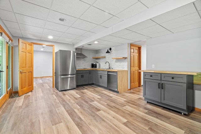 11600 43rd Ave N, Plymouth, MN 55442 - kitchen with appliances with stainless steel finishes, gray cabinetry, open shelves, light wood-type flooring, and recessed lighting