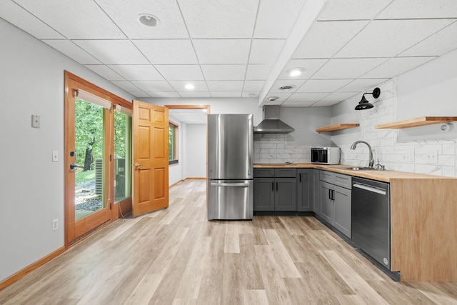 11600 43rd Ave N, Plymouth, MN 55442 - kitchen featuring appliances with stainless steel finishes, gray cabinetry, butcher block countertops, wall chimney exhaust hood, and a sink