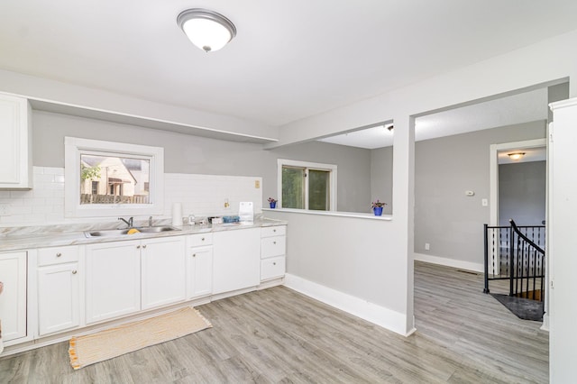 476 Brainerd Ave, Saint Paul, MN 55130 - kitchen with a sink, white cabinetry, decorative backsplash, and light wood-style flooring