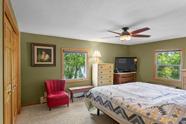 12177 Fremont Ln, Zimmerman, MN 55398 - carpeted bedroom featuring a baseboard heating unit, multiple windows, a textured ceiling, and ceiling fan
