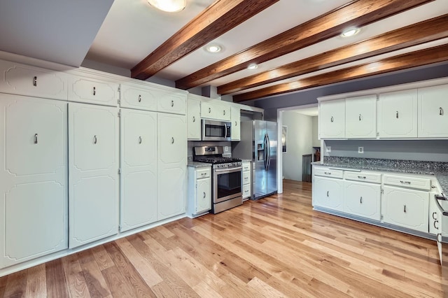 11476 65th Pl N, Maple Grove, MN 55369 - kitchen featuring stainless steel appliances, beamed ceiling, light wood-style flooring, white cabinetry, and recessed lighting