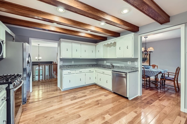 11476 65th Pl N, Maple Grove, MN 55369 - kitchen featuring a chandelier, appliances with stainless steel finishes, light wood finished floors, beam ceiling, and a sink