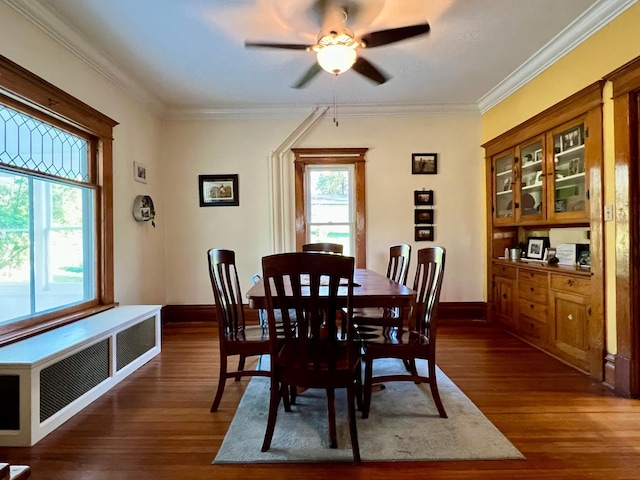 308 Cedar Ave S, Odessa, MN 56276 - dining area with dark wood-type flooring, radiator heating unit, ornamental molding, a ceiling fan, and baseboards