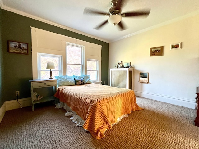 308 Cedar Ave S, Odessa, MN 56276 - carpeted bedroom with ornamental molding, baseboards, and a ceiling fan