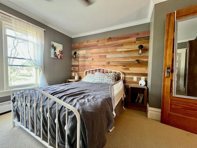 308 Cedar Ave S, Odessa, MN 56276 - bedroom with carpet flooring, crown molding, and wooden walls