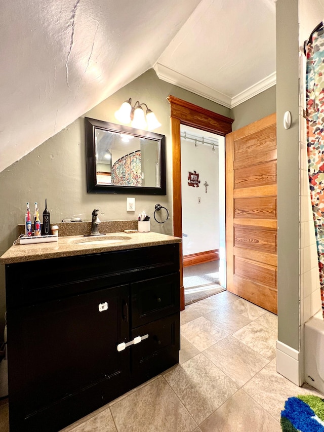 308 Cedar Ave S, Odessa, MN 56276 - bathroom with lofted ceiling, vanity, a shower with curtain, ornamental molding, and a tub to relax in