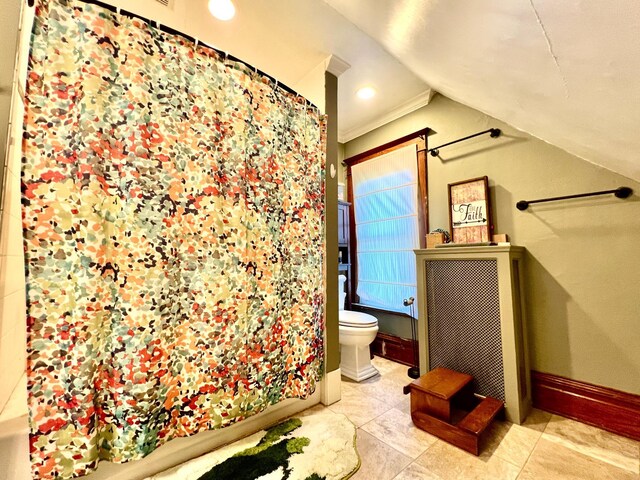 308 Cedar Ave S, Odessa, MN 56276 - bathroom with toilet, baseboards, a shower with shower curtain, and tile patterned floors