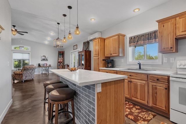 13936 County Road 7 NW, Clearwater Twp, MN 55320 - kitchen featuring white electric stove, a sink, a wall mounted AC, ceiling fan, and a center island